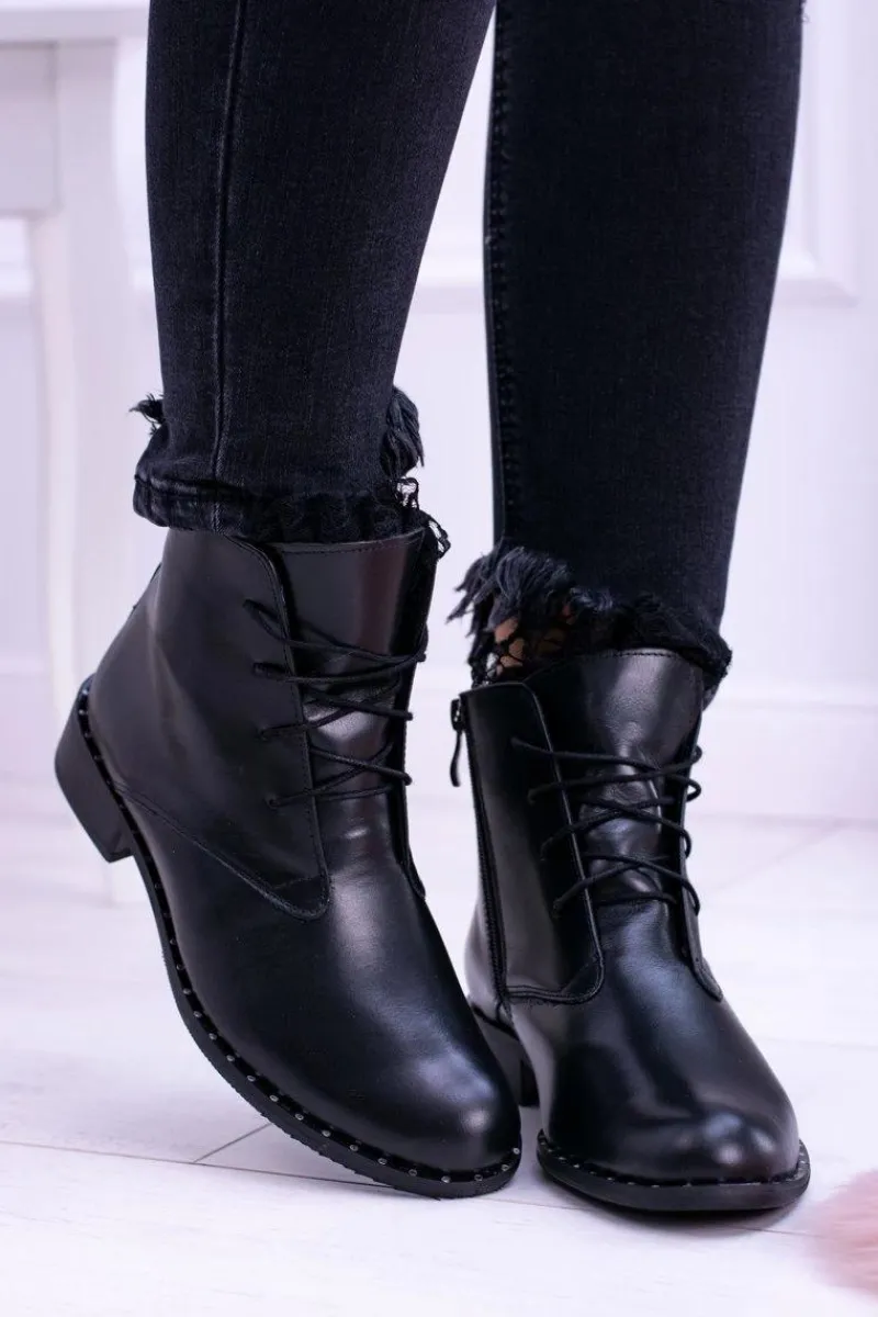 Hot Boto Ocieplane Skórzane Czarne Damskie Botki Z Koronką Millano