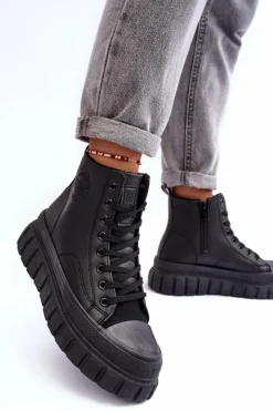 Trampki Damskie Big Star|Trampki Damskie Wysokie>Big Star Shoes Ocieplane Skórzane Trampki Na Zamek Big Star MM274625 Czarne Czarny