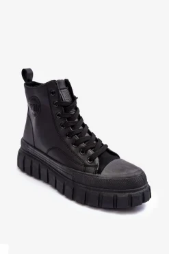 Trampki Damskie Big Star|Trampki Damskie Wysokie>Big Star Shoes Ocieplane Skórzane Trampki Na Zamek Big Star MM274625 Czarne Czarny