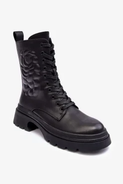 Botki Ocieplane|Botki Sznurowane>Damskie buty S.Barski Ocieplane Skórzane Workery Botki S.Barski MR870-25 Czarne