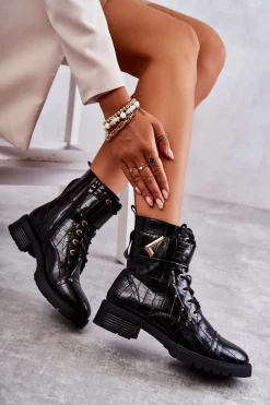 Online Ocieplane Skórzane Wężowe Botki Czarne Colira Damskie Botki Sznurowane|Czarne Botki