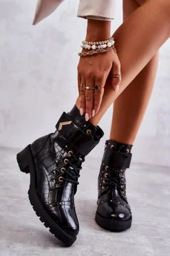 Online Ocieplane Skórzane Wężowe Botki Czarne Colira Damskie Botki Sznurowane|Czarne Botki