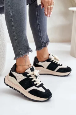 Best Ocieplane Sneakersy Damskie Skórzane Big Star OO274A318 HI-POLY SYSTEM Czarne Damskie Buty Sportowe Big Star|Sneakersy Damskie