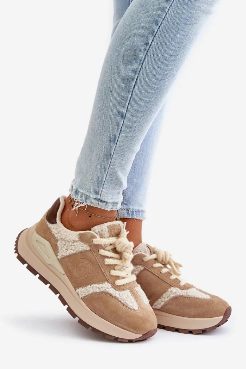 Buty Sportowe Big Star|Sneakersy Damskie>Big Star Shoes Ocieplane Sneakersy Damskie Skórzane Big Star OO274A317 HI-POLY SYSTEM Beżowe Beżowy