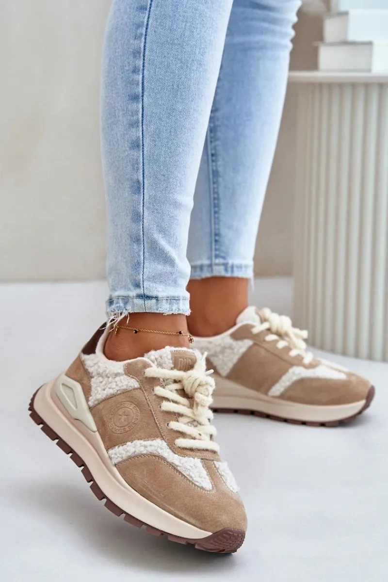 Buty Sportowe Big Star|Sneakersy Damskie>Big Star Shoes Ocieplane Sneakersy Damskie Skórzane Big Star OO274A317 HI-POLY SYSTEM Beżowe Beżowy