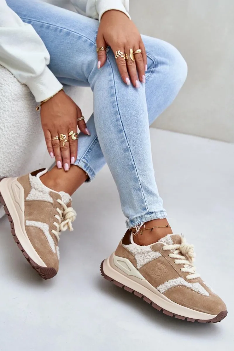 Buty Sportowe Big Star|Sneakersy Damskie>Big Star Shoes Ocieplane Sneakersy Damskie Skórzane Big Star OO274A317 HI-POLY SYSTEM Beżowe Beżowy