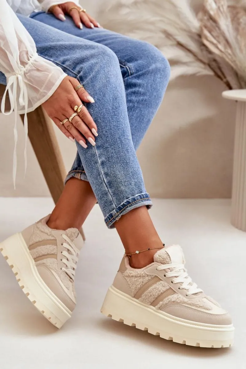 Outlet Boto Ocieplane Sneakersy Damskie Na Platformie Z Kożuchem Beżowe Daivlene Beżowy