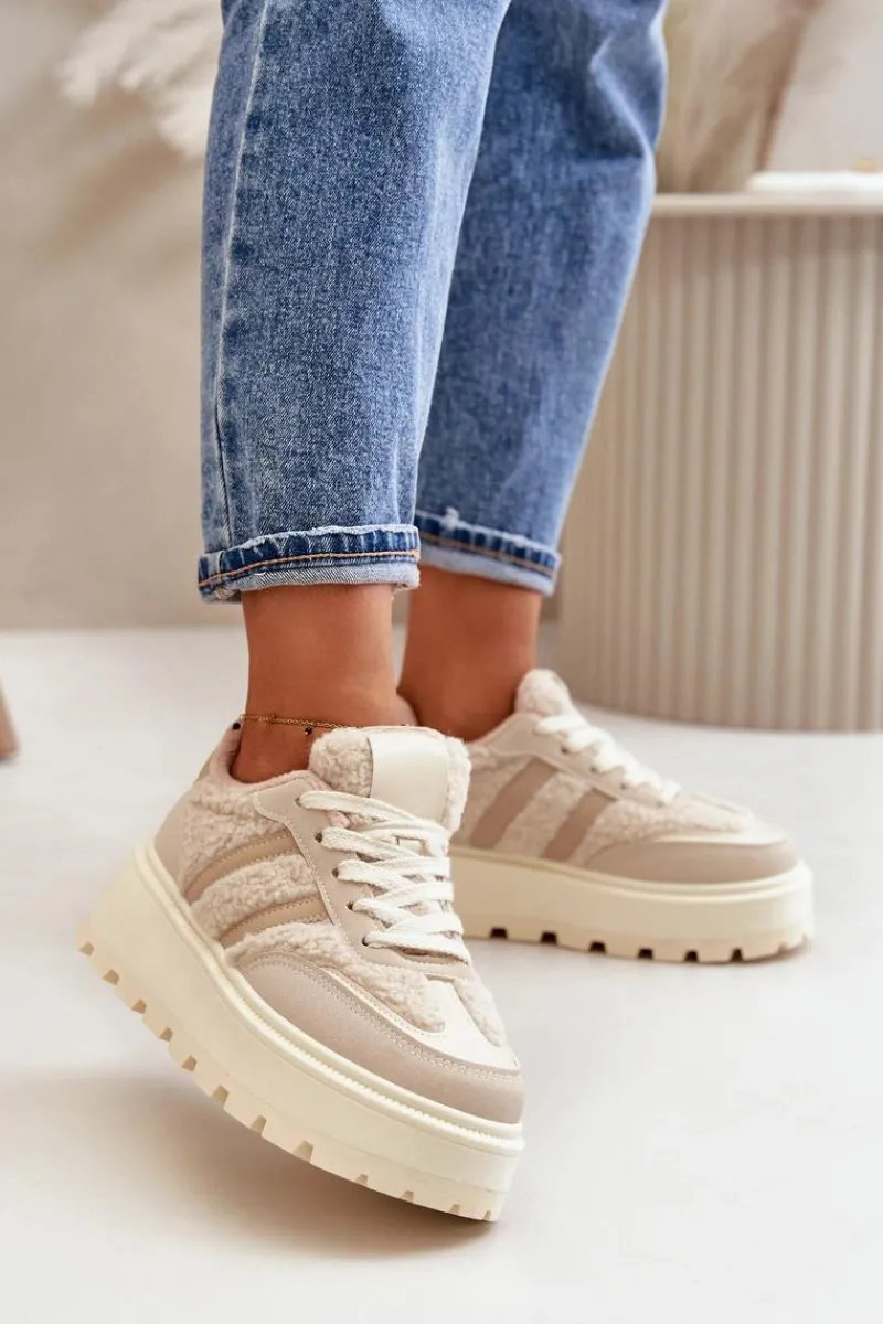 Outlet Boto Ocieplane Sneakersy Damskie Na Platformie Z Kożuchem Beżowe Daivlene Beżowy