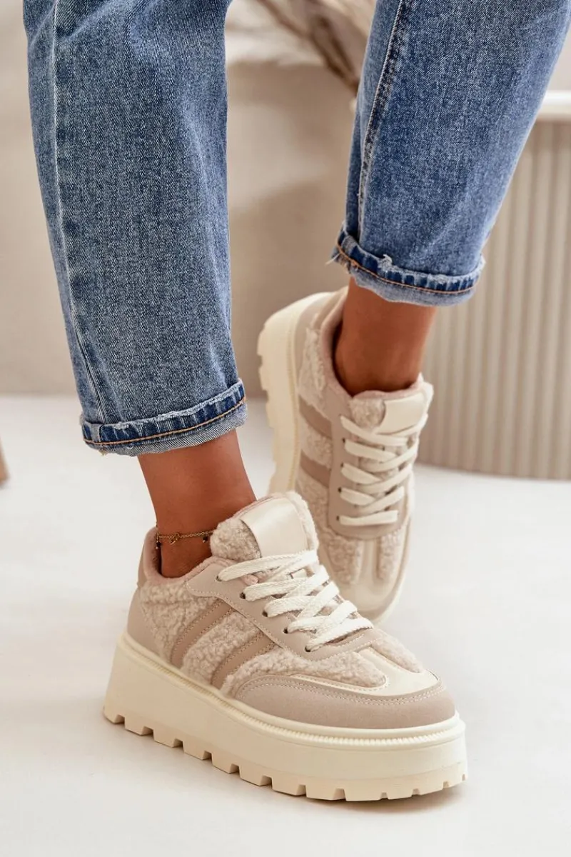 Outlet Boto Ocieplane Sneakersy Damskie Na Platformie Z Kożuchem Beżowe Daivlene Beżowy