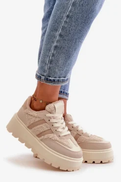 Outlet Boto Ocieplane Sneakersy Damskie Na Platformie Z Kożuchem Beżowe Daivlene Beżowy