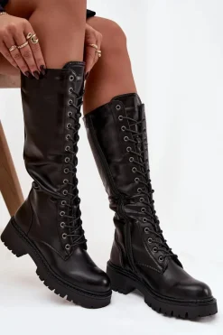 Kozaki Ocieplane|Kozaki Płaskie>Boto Ocieplane Sznurowane Kozaki Glany Damskie Czarne Novissa
