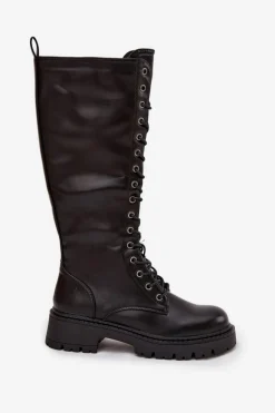 Kozaki Ocieplane|Kozaki Płaskie></noscript>Boto Ocieplane Sznurowane Kozaki Glany Damskie Czarne Novissa