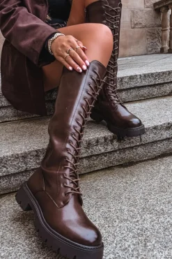 Hot Boto Ocieplane Sznurowane Kozaki Damskie Czekoladowe Meliora