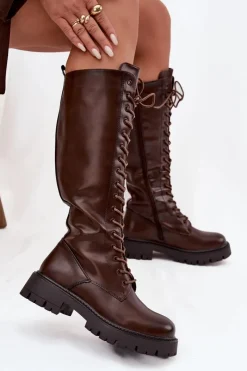 Hot Boto Ocieplane Sznurowane Kozaki Damskie Czekoladowe Meliora