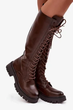 Hot Boto Ocieplane Sznurowane Kozaki Damskie Czekoladowe Meliora