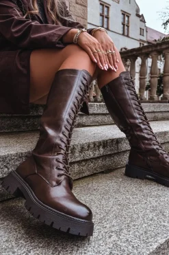 Hot Boto Ocieplane Sznurowane Kozaki Damskie Czekoladowe Meliora