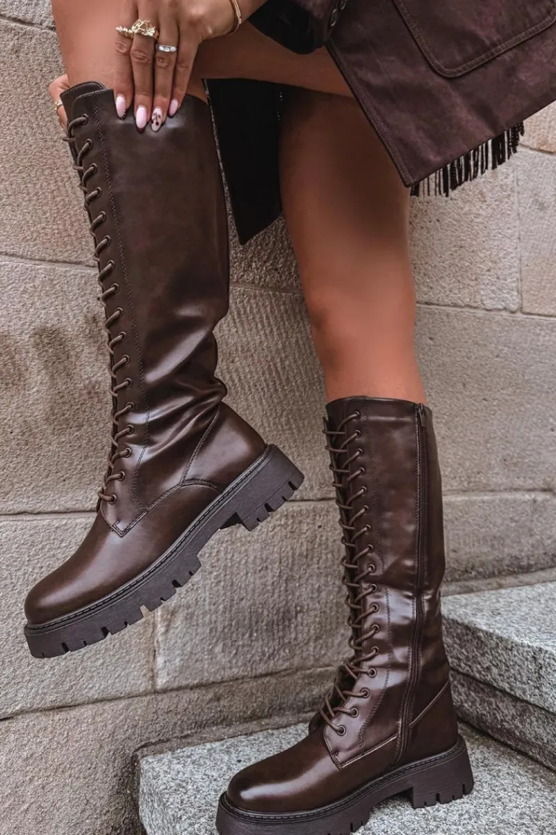 Hot Boto Ocieplane Sznurowane Kozaki Damskie Czekoladowe Meliora