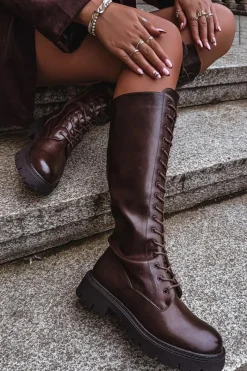 Hot Boto Ocieplane Sznurowane Kozaki Damskie Czekoladowe Meliora