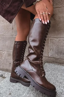 Hot Boto Ocieplane Sznurowane Kozaki Damskie Czekoladowe Meliora