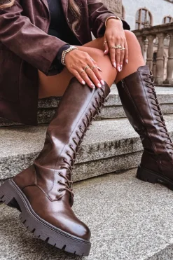 Hot Boto Ocieplane Sznurowane Kozaki Damskie Czekoladowe Meliora