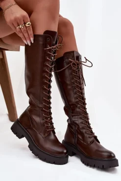 Hot Boto Ocieplane Sznurowane Kozaki Damskie Czekoladowe Meliora