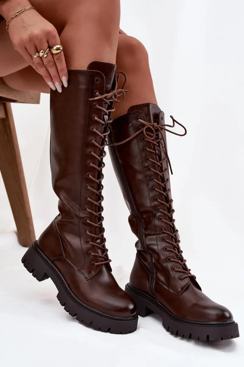 Hot Boto Ocieplane Sznurowane Kozaki Damskie Czekoladowe Meliora
