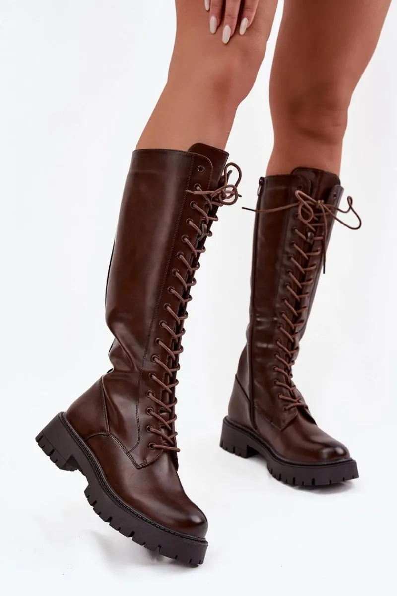Hot Boto Ocieplane Sznurowane Kozaki Damskie Czekoladowe Meliora