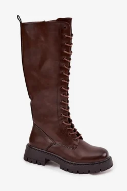 Hot Boto Ocieplane Sznurowane Kozaki Damskie Czekoladowe Meliora