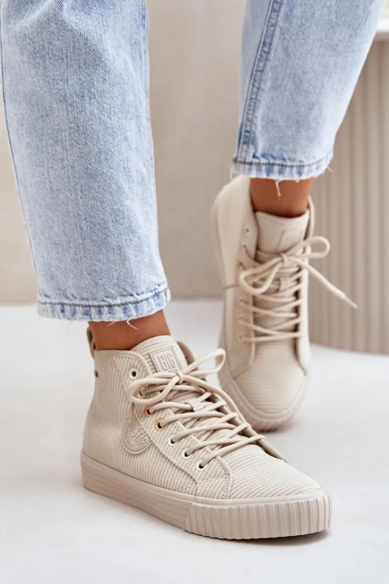 New Ocieplane Sztruksowe Trampki Damskie Big Star OO274771 Hi-Poly System Beżowe Damskie Trampki Ocieplane|Trampki Damskie Big Star