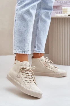 New Ocieplane Sztruksowe Trampki Damskie Big Star OO274771 Hi-Poly System Beżowe Damskie Trampki Ocieplane|Trampki Damskie Big Star