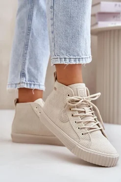 New Ocieplane Sztruksowe Trampki Damskie Big Star OO274771 Hi-Poly System Beżowe Damskie Trampki Ocieplane|Trampki Damskie Big Star