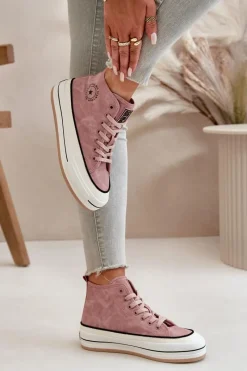 Clearance Ocieplane Trampki Damskie Na Platformie Eko Skórzane Big Star OO274068 Różowe Damskie Trampki Ocieplane|Trampki Damskie Big Star