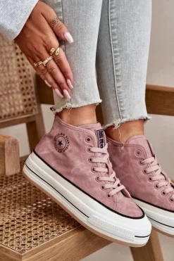 Clearance Ocieplane Trampki Damskie Na Platformie Eko Skórzane Big Star OO274068 Różowe Damskie Trampki Ocieplane|Trampki Damskie Big Star