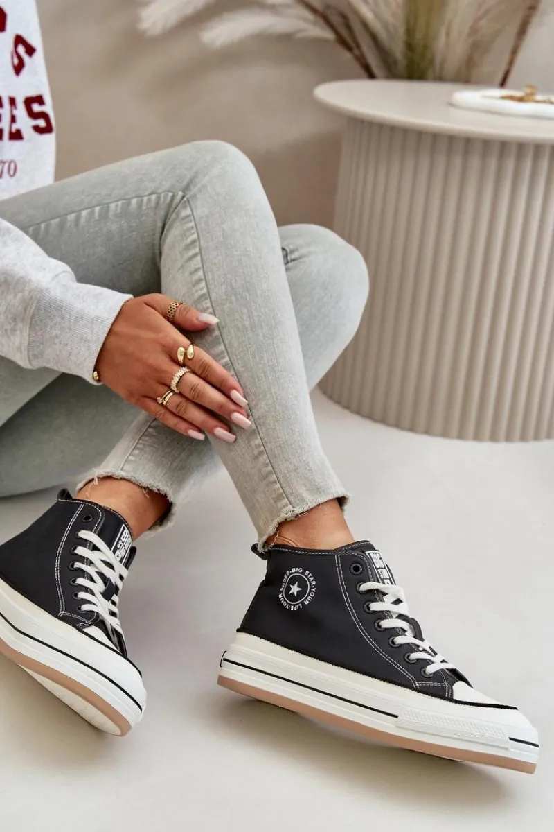 Best Ocieplane Trampki Damskie Na Platformie Eko Skórzane Big Star OO274062 Czarne Damskie Trampki Ocieplane|Trampki Damskie Big Star