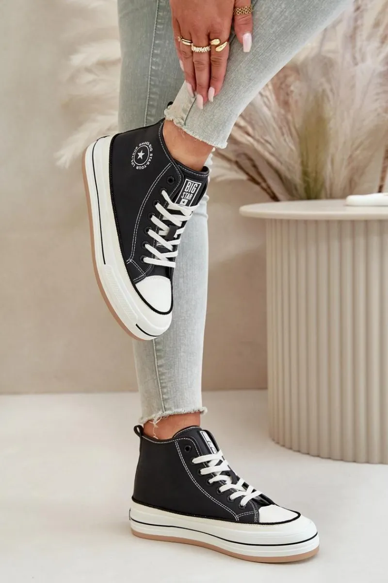 Best Ocieplane Trampki Damskie Na Platformie Eko Skórzane Big Star OO274062 Czarne Damskie Trampki Ocieplane|Trampki Damskie Big Star