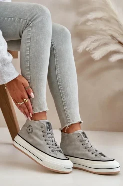 Sale Ocieplane Trampki Damskie Na Platformie Eko Skórzane Big Star OO274070 Szare Damskie Trampki Ocieplane|Trampki Damskie Big Star