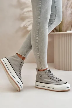 Sale Ocieplane Trampki Damskie Na Platformie Eko Skórzane Big Star OO274070 Szare Damskie Trampki Ocieplane|Trampki Damskie Big Star