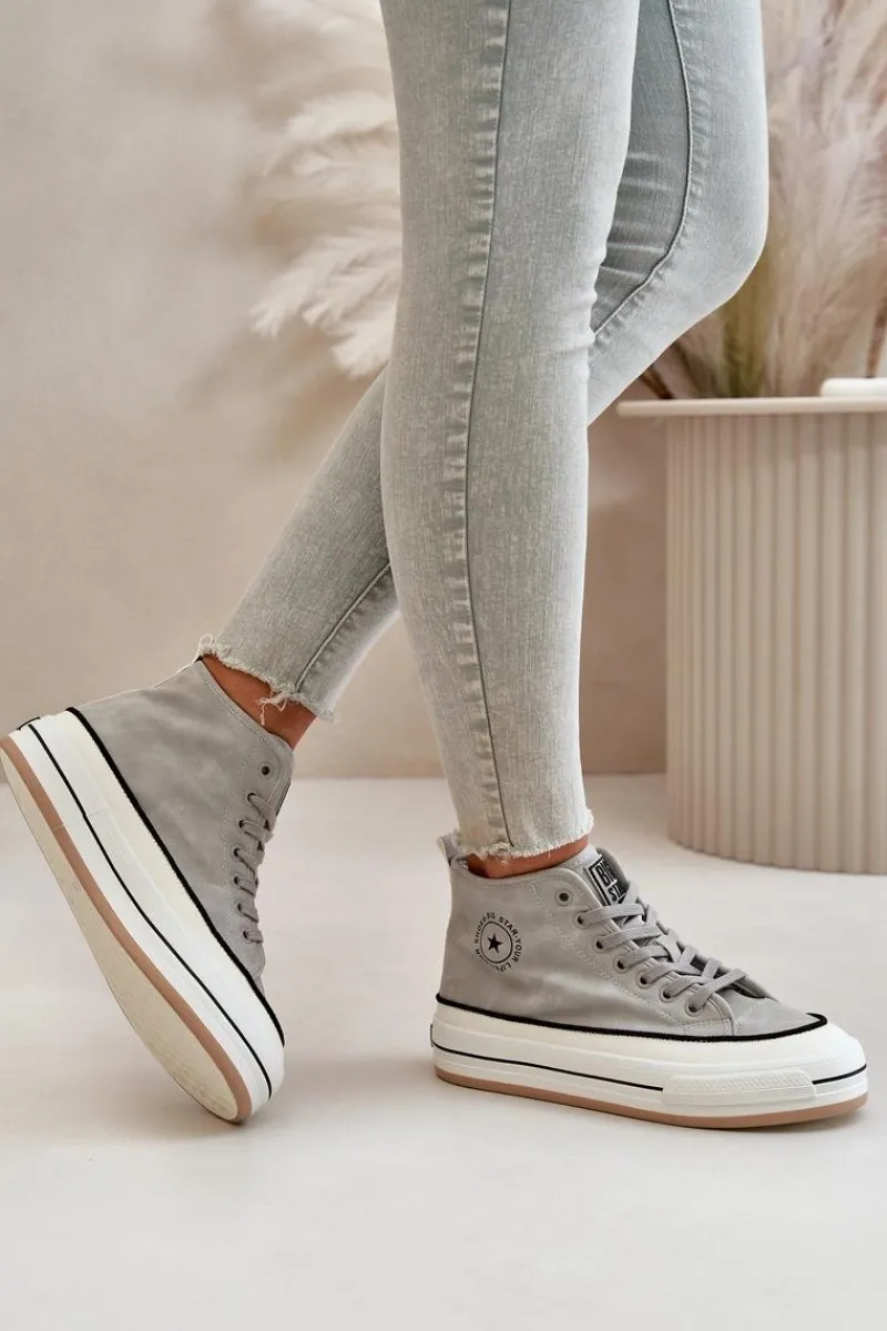 Sale Ocieplane Trampki Damskie Na Platformie Eko Skórzane Big Star OO274070 Szare Damskie Trampki Ocieplane|Trampki Damskie Big Star