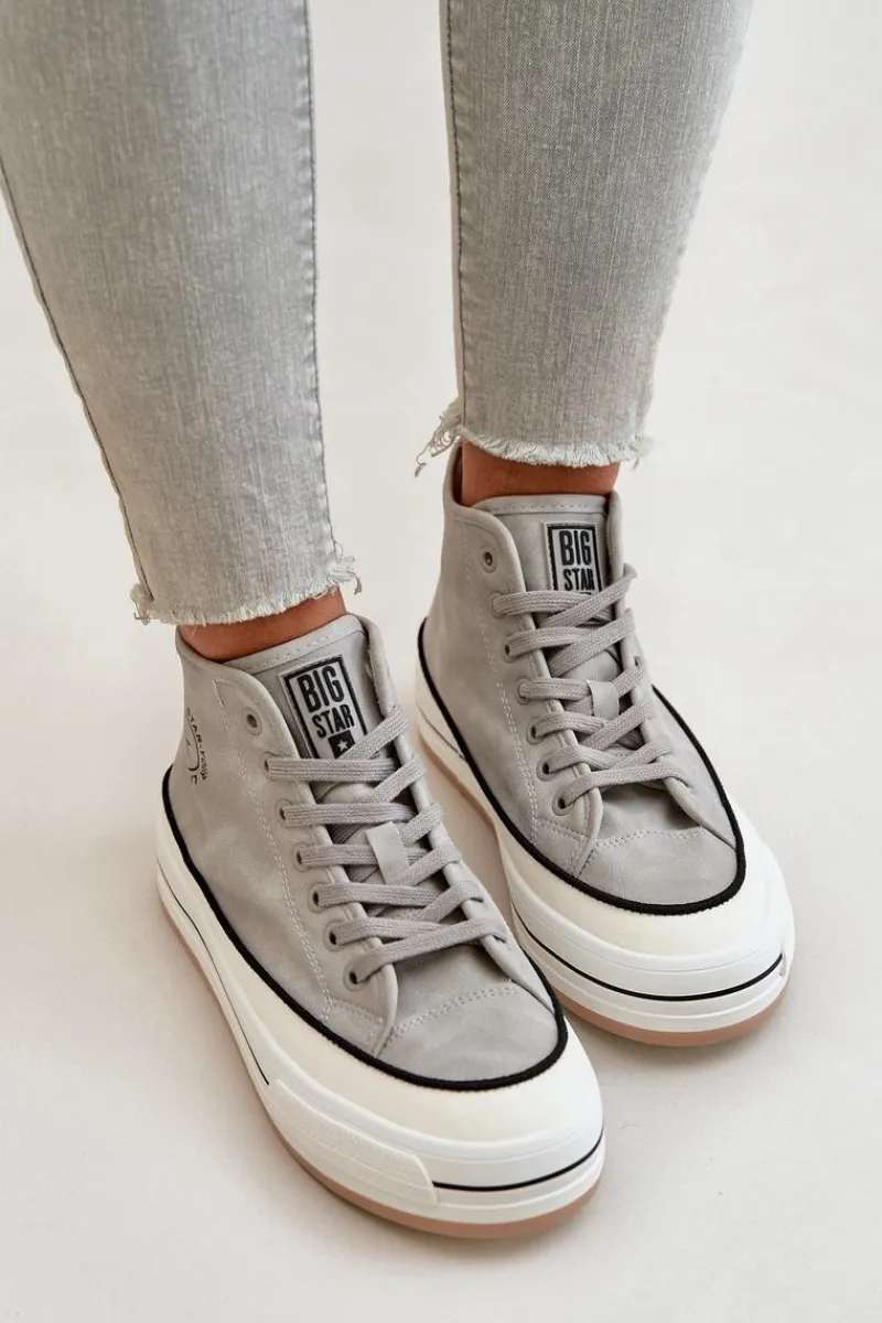 Sale Ocieplane Trampki Damskie Na Platformie Eko Skórzane Big Star OO274070 Szare Damskie Trampki Ocieplane|Trampki Damskie Big Star