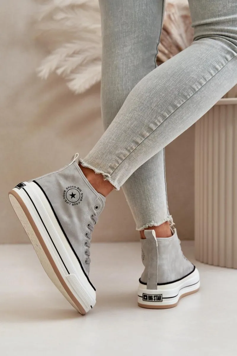Sale Ocieplane Trampki Damskie Na Platformie Eko Skórzane Big Star OO274070 Szare Damskie Trampki Ocieplane|Trampki Damskie Big Star