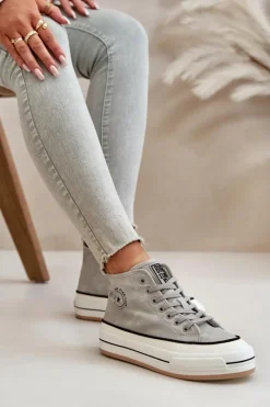 Sale Ocieplane Trampki Damskie Na Platformie Eko Skórzane Big Star OO274070 Szare Damskie Trampki Ocieplane|Trampki Damskie Big Star