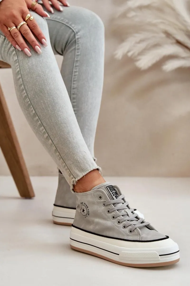 Sale Ocieplane Trampki Damskie Na Platformie Eko Skórzane Big Star OO274070 Szare Damskie Trampki Ocieplane|Trampki Damskie Big Star