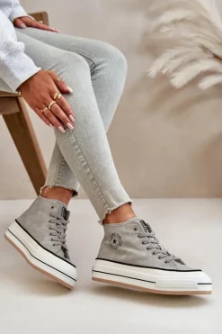 Sale Ocieplane Trampki Damskie Na Platformie Eko Skórzane Big Star OO274070 Szare Damskie Trampki Ocieplane|Trampki Damskie Big Star