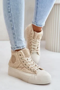 Trampki Damskie Big Star|Trampki Damskie Wysokie>Big Star Shoes Ocieplane Trampki Damskie Z Futerkiem Typu Baranek Big Star OO274A444 Beżowe Beżowy