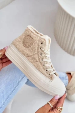 Trampki Damskie Big Star|Trampki Damskie Wysokie></noscript>Big Star Shoes Ocieplane Trampki Damskie Z Futerkiem Typu Baranek Big Star OO274A444 Beżowe Beżowy