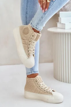 Trampki Damskie Big Star|Trampki Damskie Wysokie></noscript>Big Star Shoes Ocieplane Trampki Damskie Z Futerkiem Typu Baranek Big Star OO274A444 Beżowe Beżowy