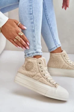 Trampki Damskie Big Star|Trampki Damskie Wysokie></noscript>Big Star Shoes Ocieplane Trampki Damskie Z Futerkiem Typu Baranek Big Star OO274A444 Beżowe Beżowy