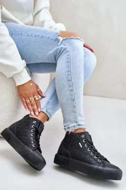 Trampki Damskie Big Star|Trampki Damskie Wysokie>Big Star Shoes Ocieplane Trampki Damskie Z Przeszyciami Big Star OO274A480 Czarne Czarny