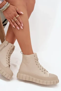 Hot Ocieplane Trampki Damskie Na Platformie Z Eko Skóry Big Star SS274535 Beżowe Damskie Trampki Damskie Big Star|Trampki Damskie Wysokie