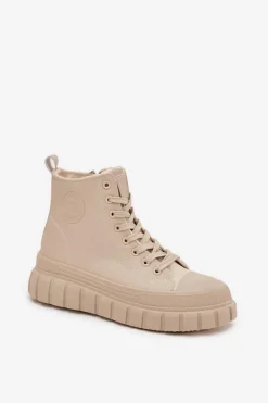 Hot Ocieplane Trampki Damskie Na Platformie Z Eko Skóry Big Star SS274535 Beżowe Damskie Trampki Damskie Big Star|Trampki Damskie Wysokie